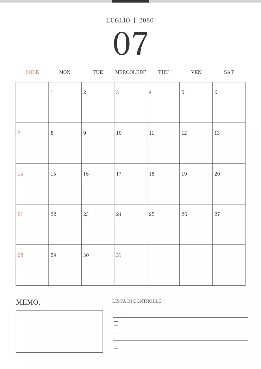 Semplice calendario in bianco e nero.