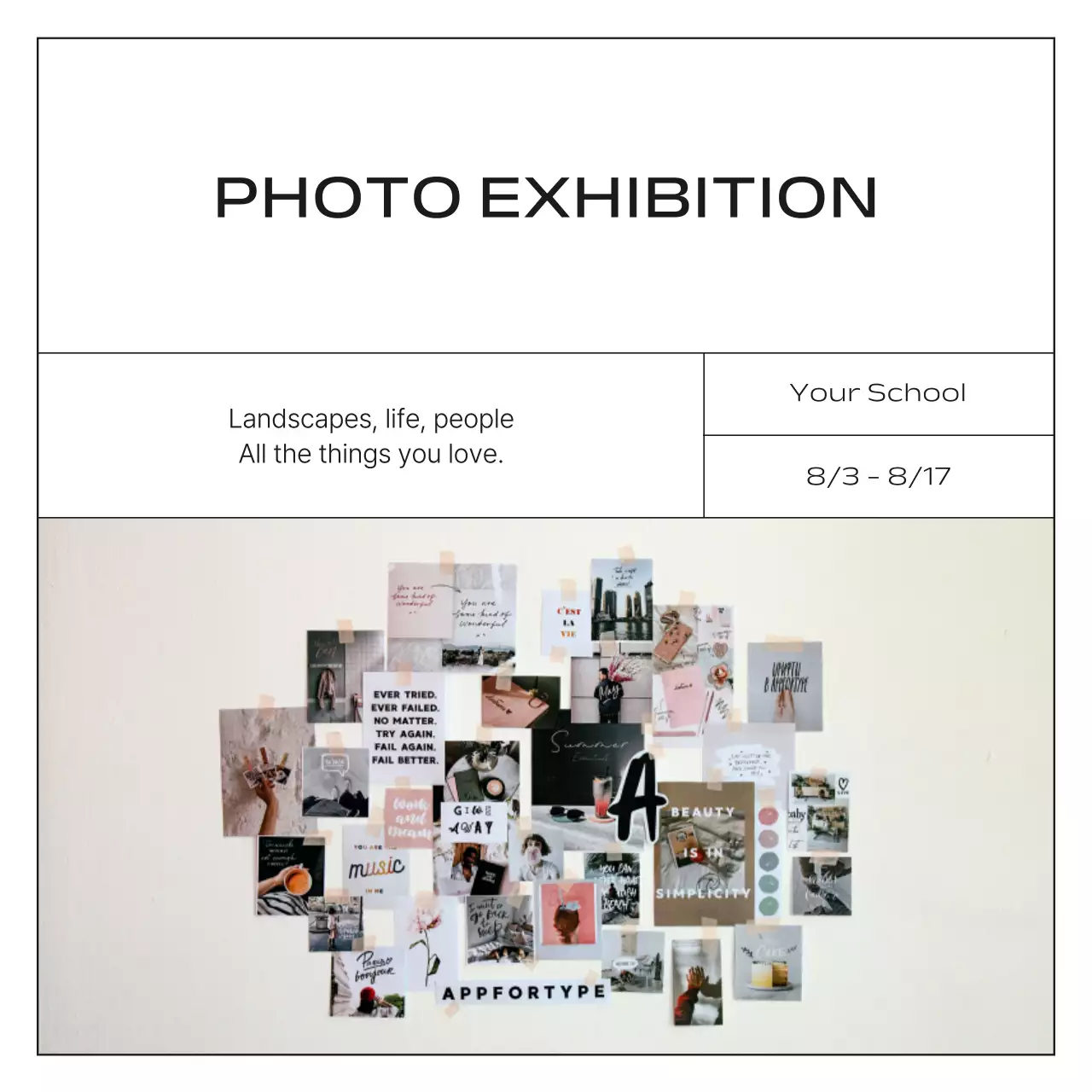A minimalist black and white exhibition promotion post