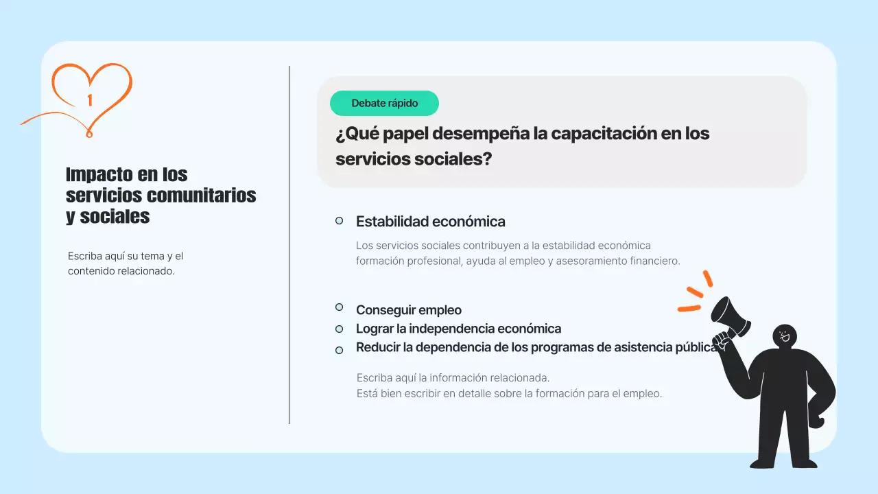 Un moderno folleto de servicios comunitarios en azul claro y naranja