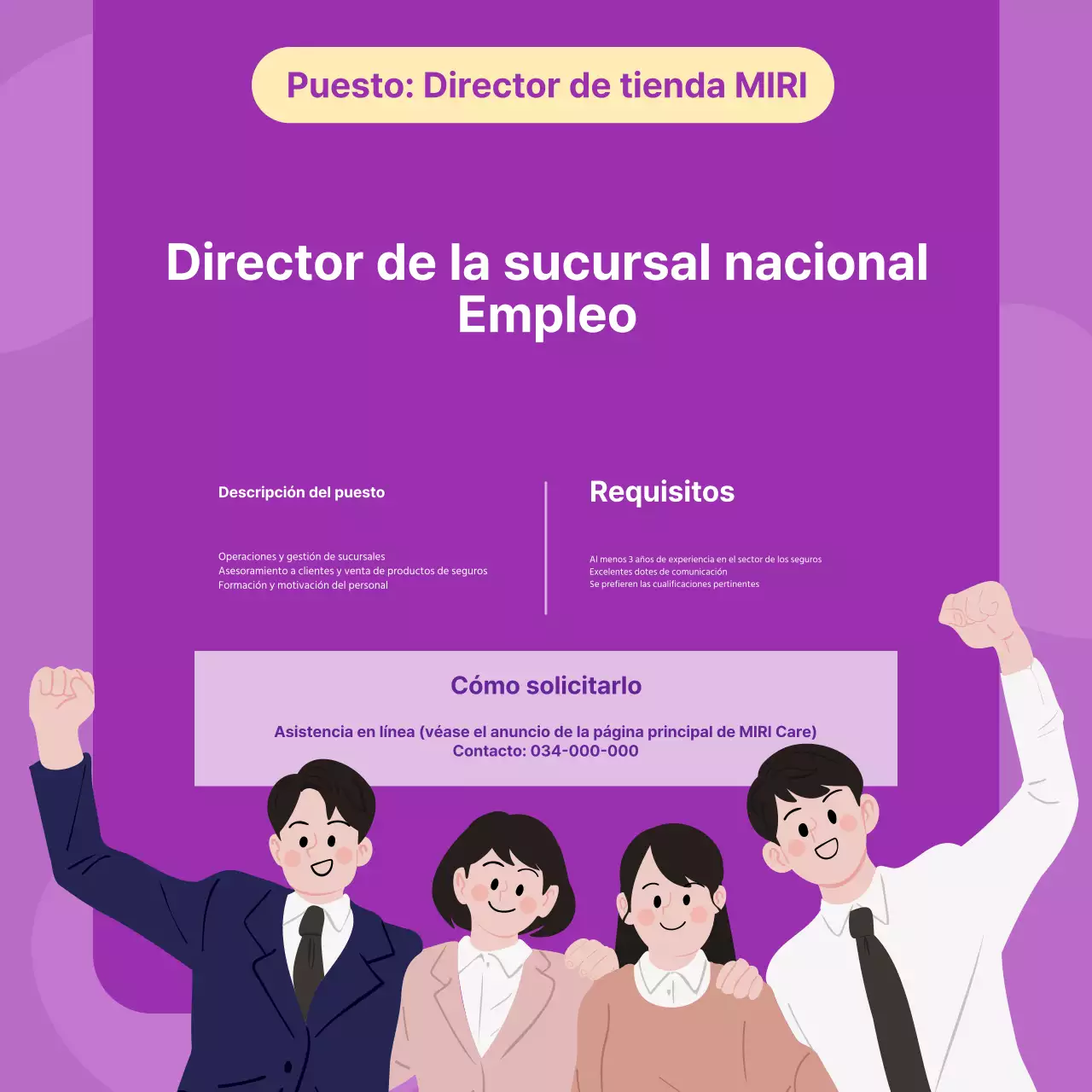 Oferta de empleo sencilla de director de sucursal en malva y amarillo