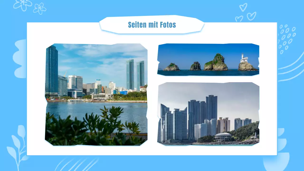 Eine kitschige, hellblau-weiße Präsentation eines Busan-Viertelführers