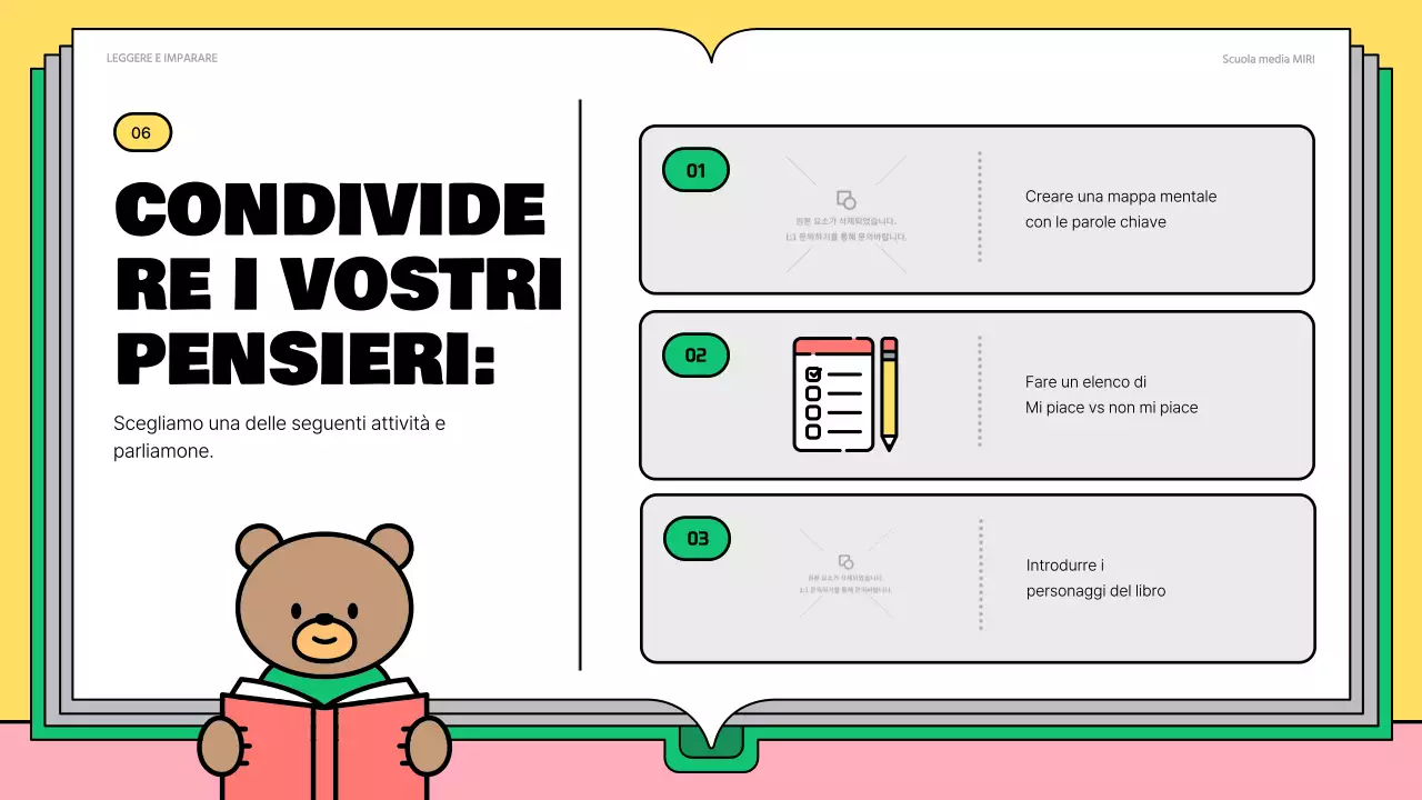 Simpatici materiali di lettura rosa e verdi