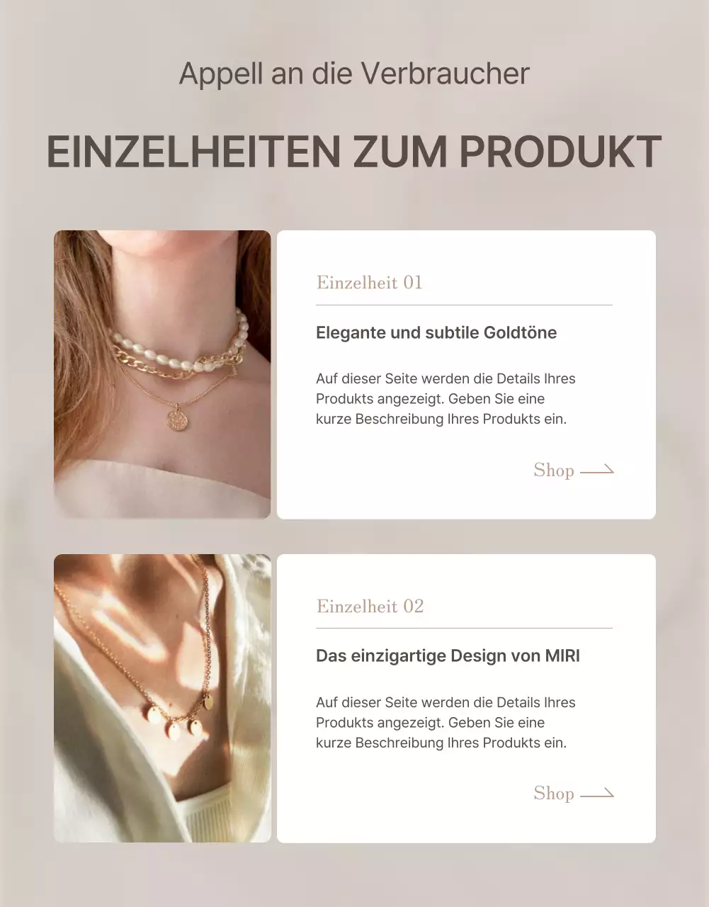 Förderung von Schmuckbeschreibungen und Detailseiten in trendigen Braun- und Beigetönen