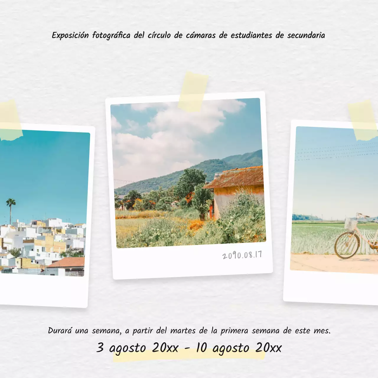 Un sencillo post de promoción de una exposición veraniega en blanco y amarillo