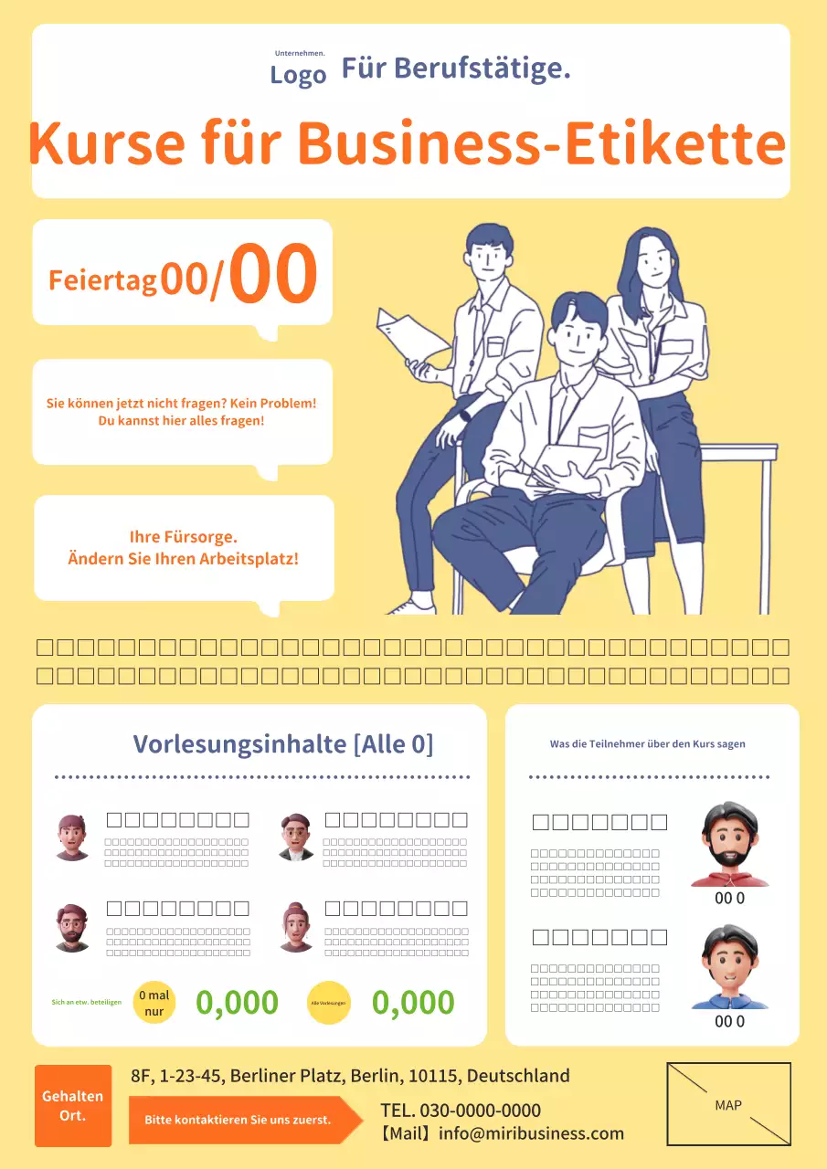 Eine moderne und schlichte gelb-orangefarbene Werbung für einen Kurs in Business-Etikette.