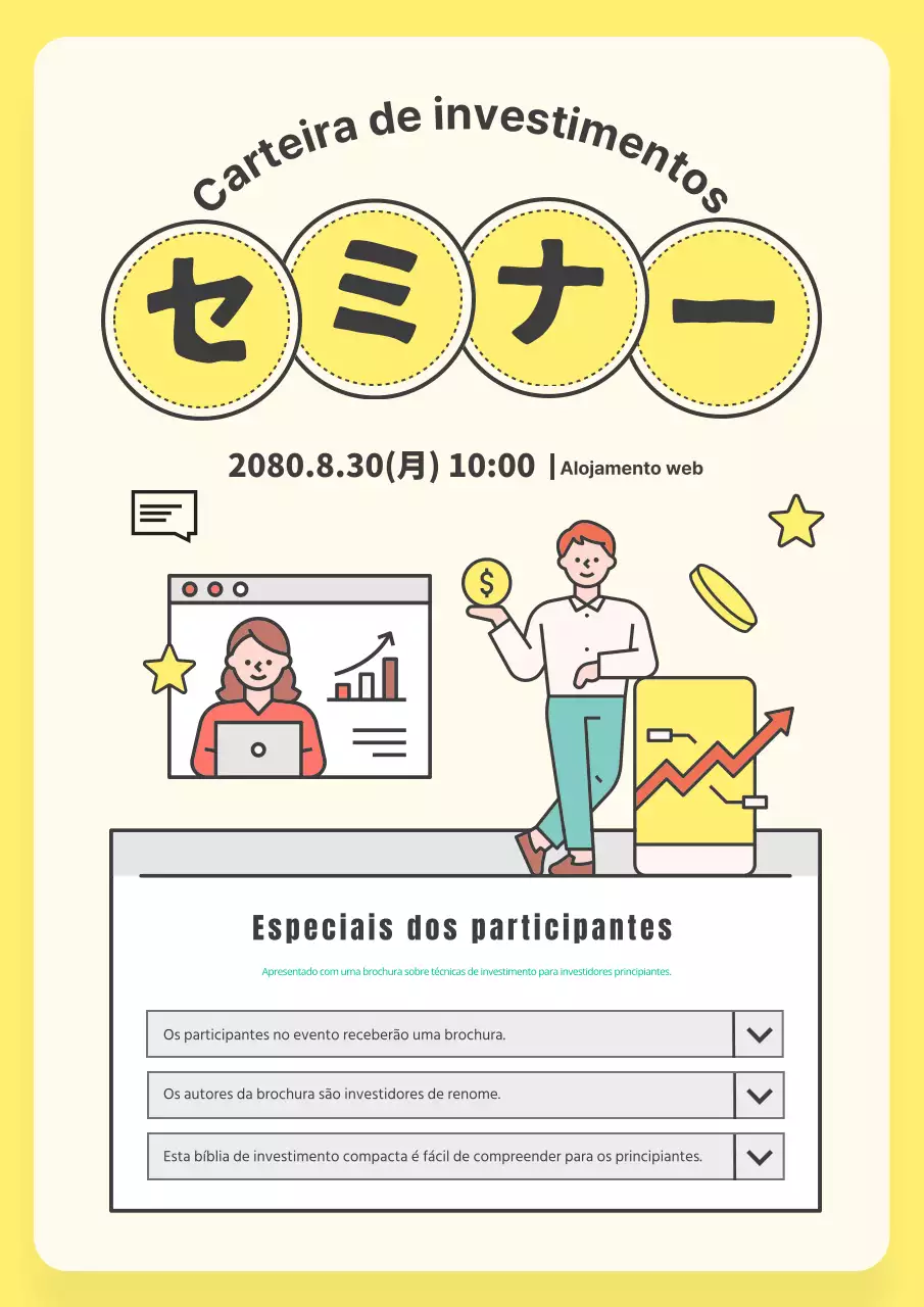Publicidade para um belo seminário de gestão de investimentos em amarelo e marfim.
