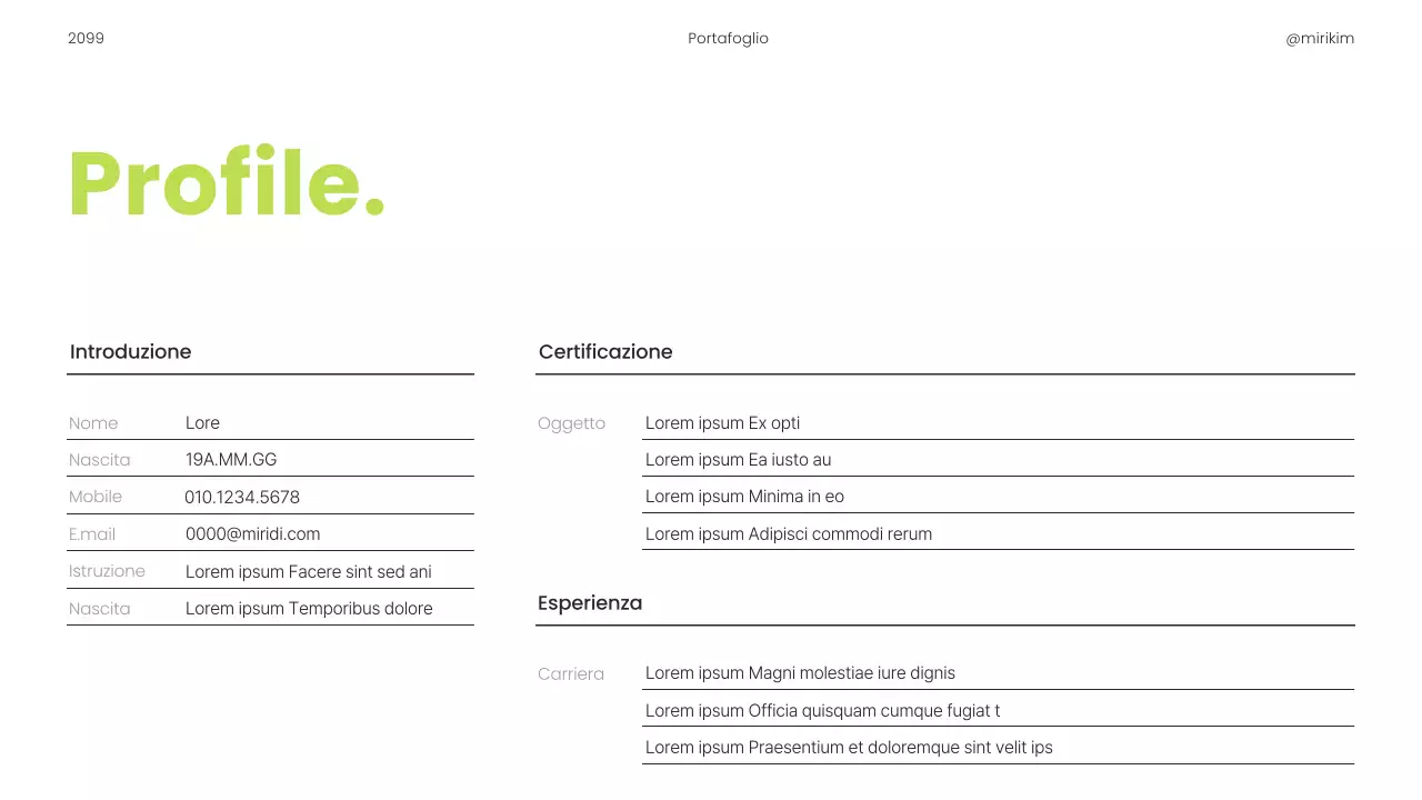 Un semplice portfolio stampabile per carrieristi, in verde lime e nero.