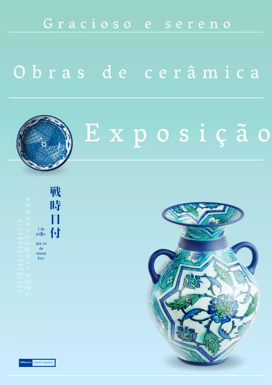 Publicidade para uma simples exposição de cerâmica menta e branca.