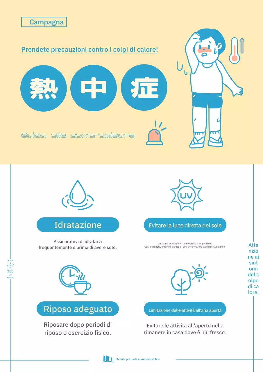 Opuscolo semplice sui colpi di calore di colore blu e giallo.