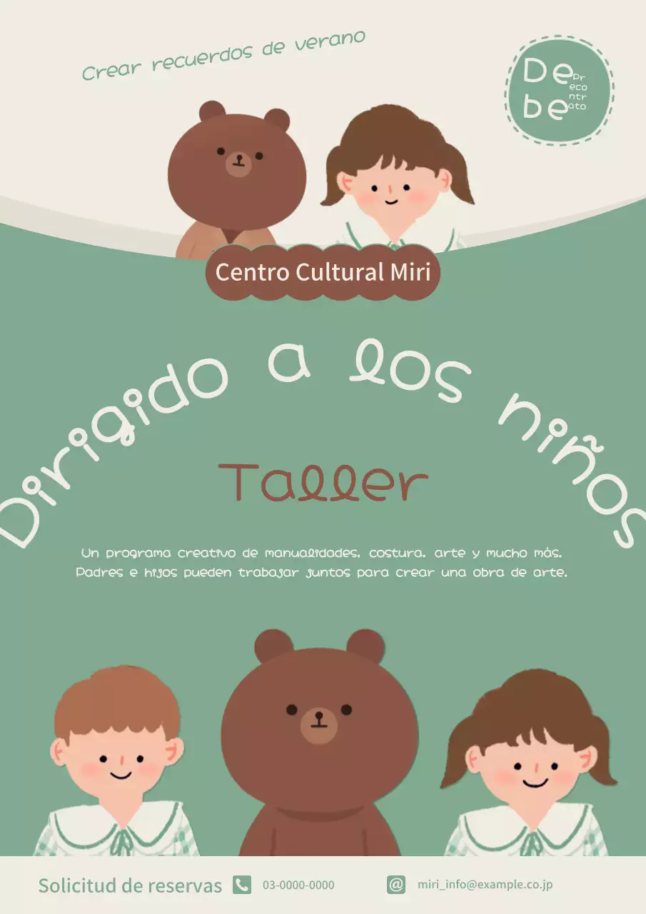 Publicidad para un precioso taller de vacaciones de verano en colores caqui y marrón.