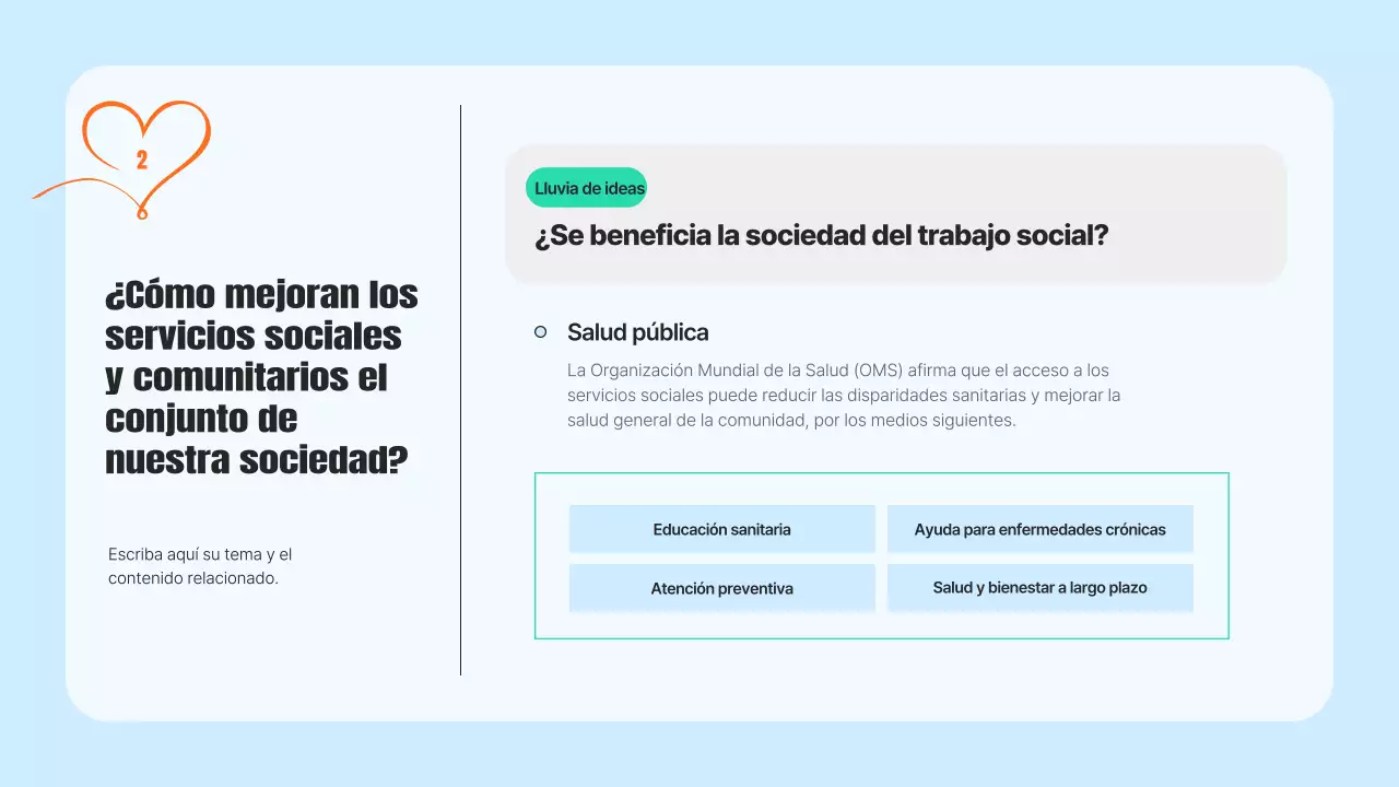 Un moderno folleto de servicios comunitarios en azul claro y naranja