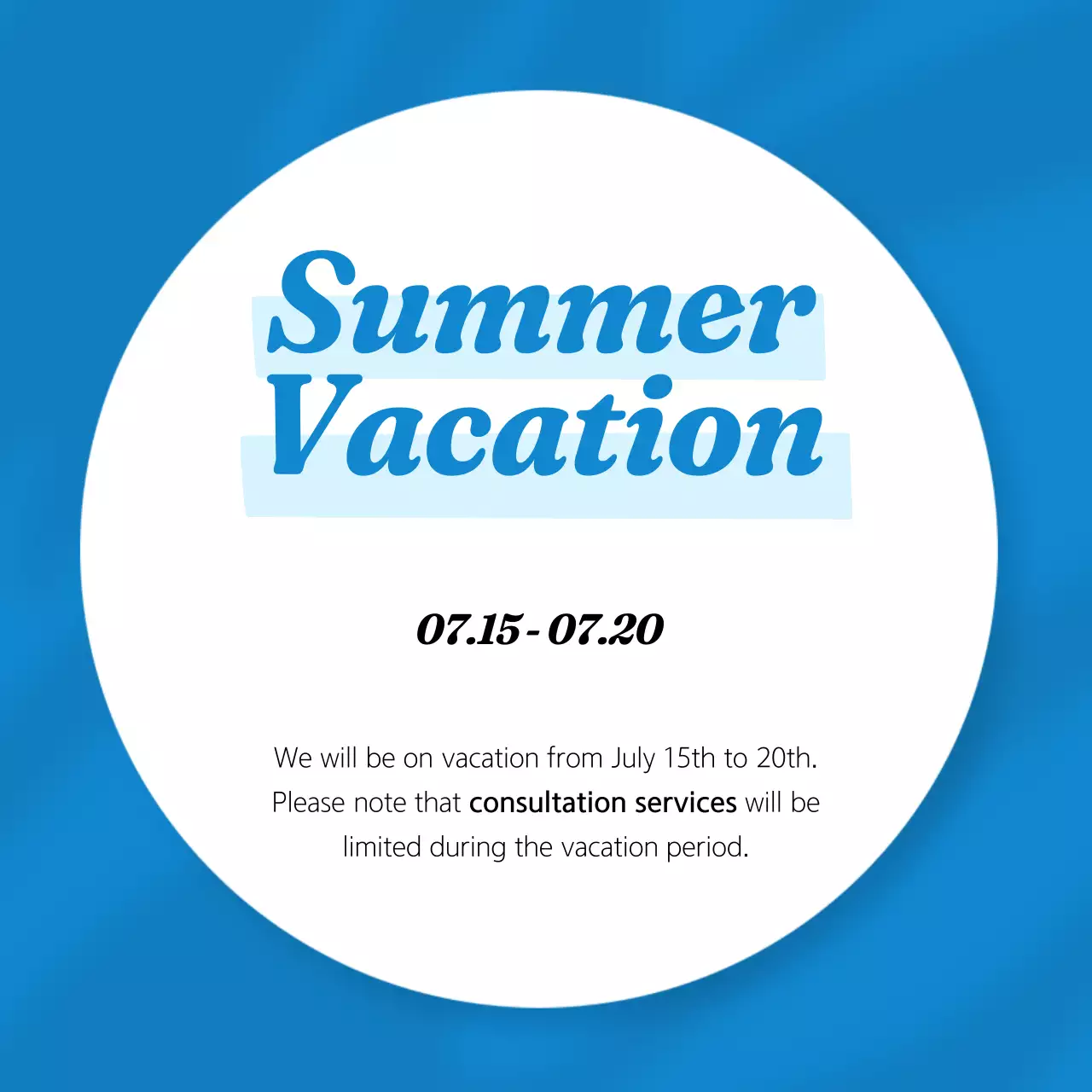 Blue Simple Vacation Announcement Social Media Post