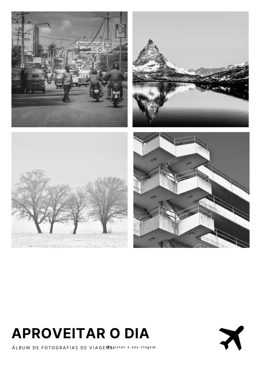 Capa de álbum de fotografias de viagem minimalista a preto e branco