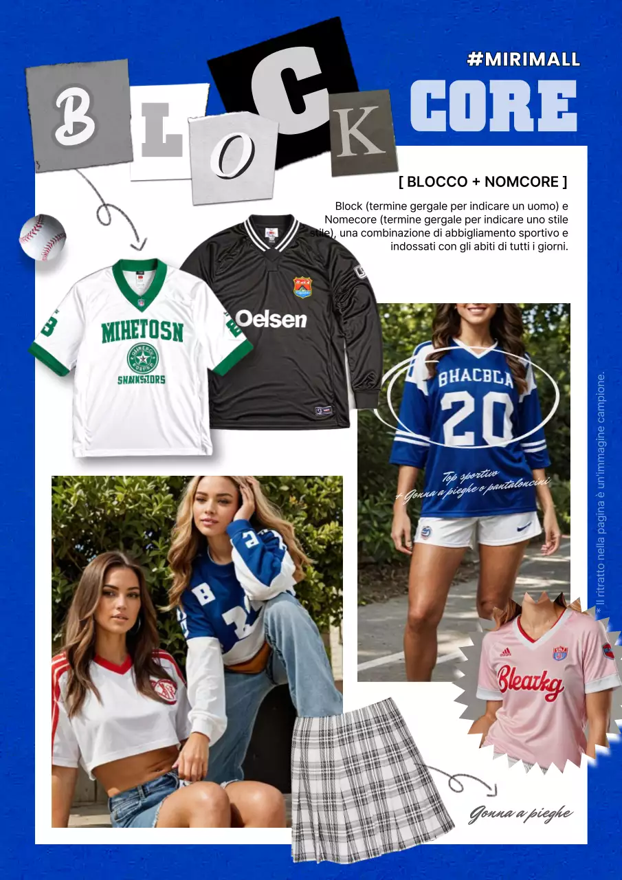 Proposta di abbigliamento retro blockcore in blu, nero e bianco