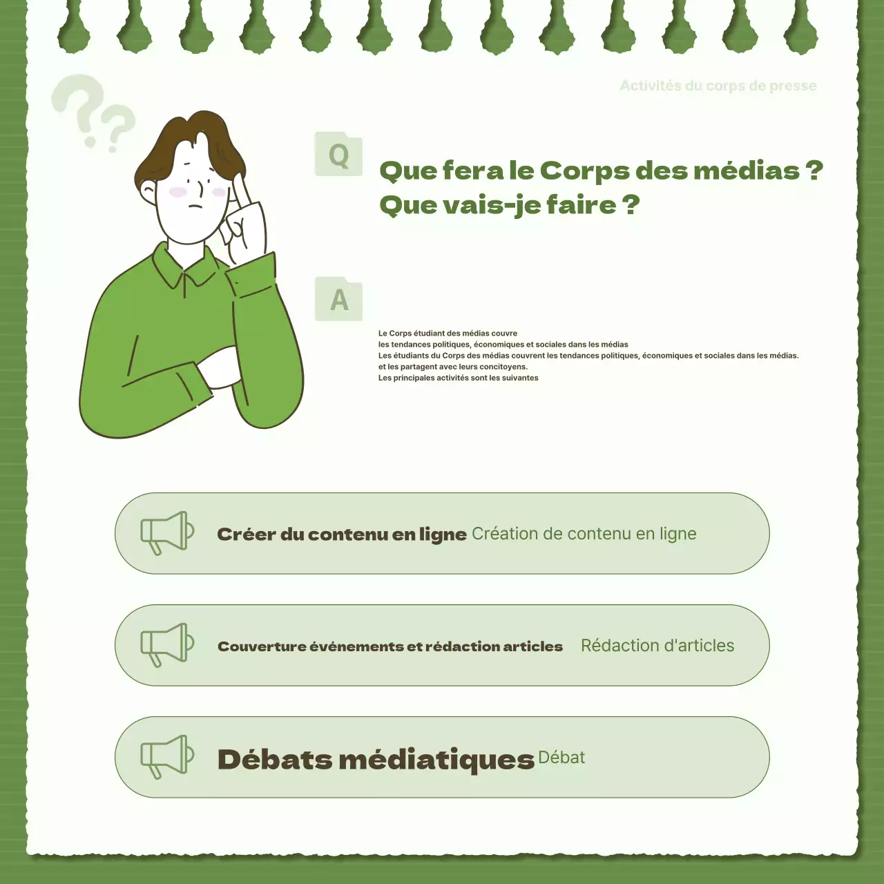 Recrutement simple d'étudiants journalistes en vert et kaki