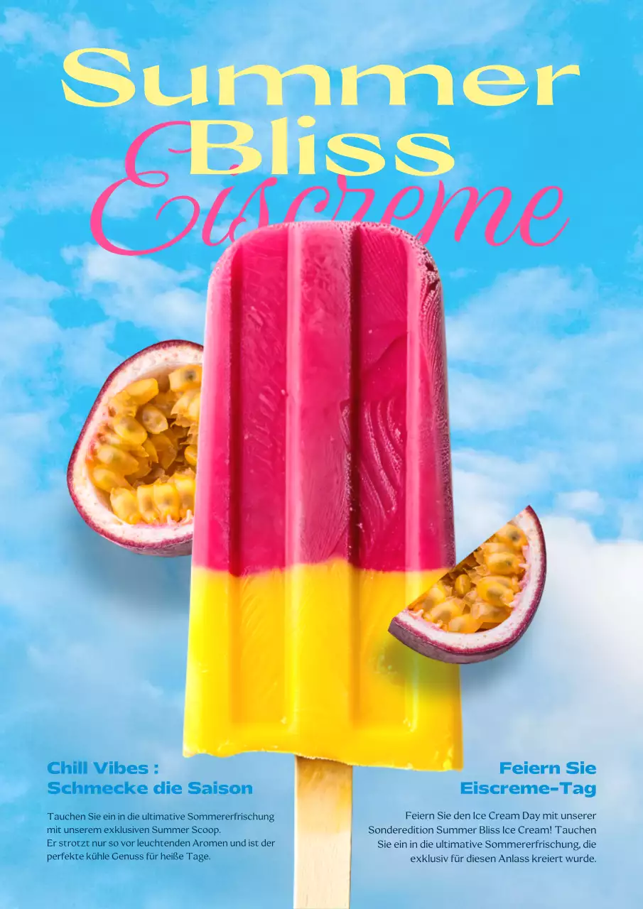 Werbung für eine Speisekarte für eine Eisdiele mit pinkfarbenen und gelben Akzenten