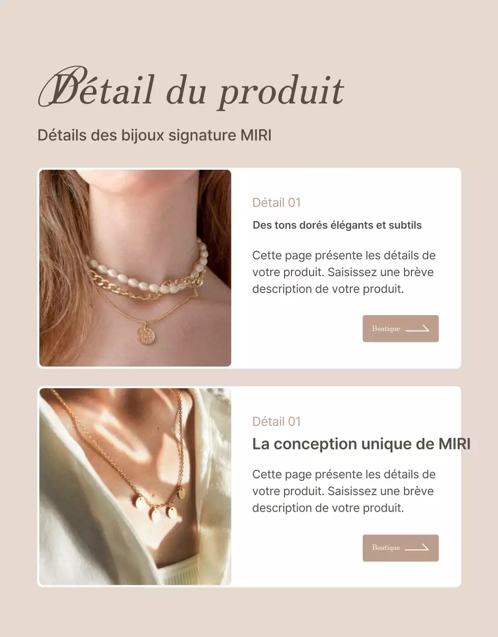 Promouvoir les descriptions de bijoux et les pages détaillées dans des tons bruns et beiges très tendance