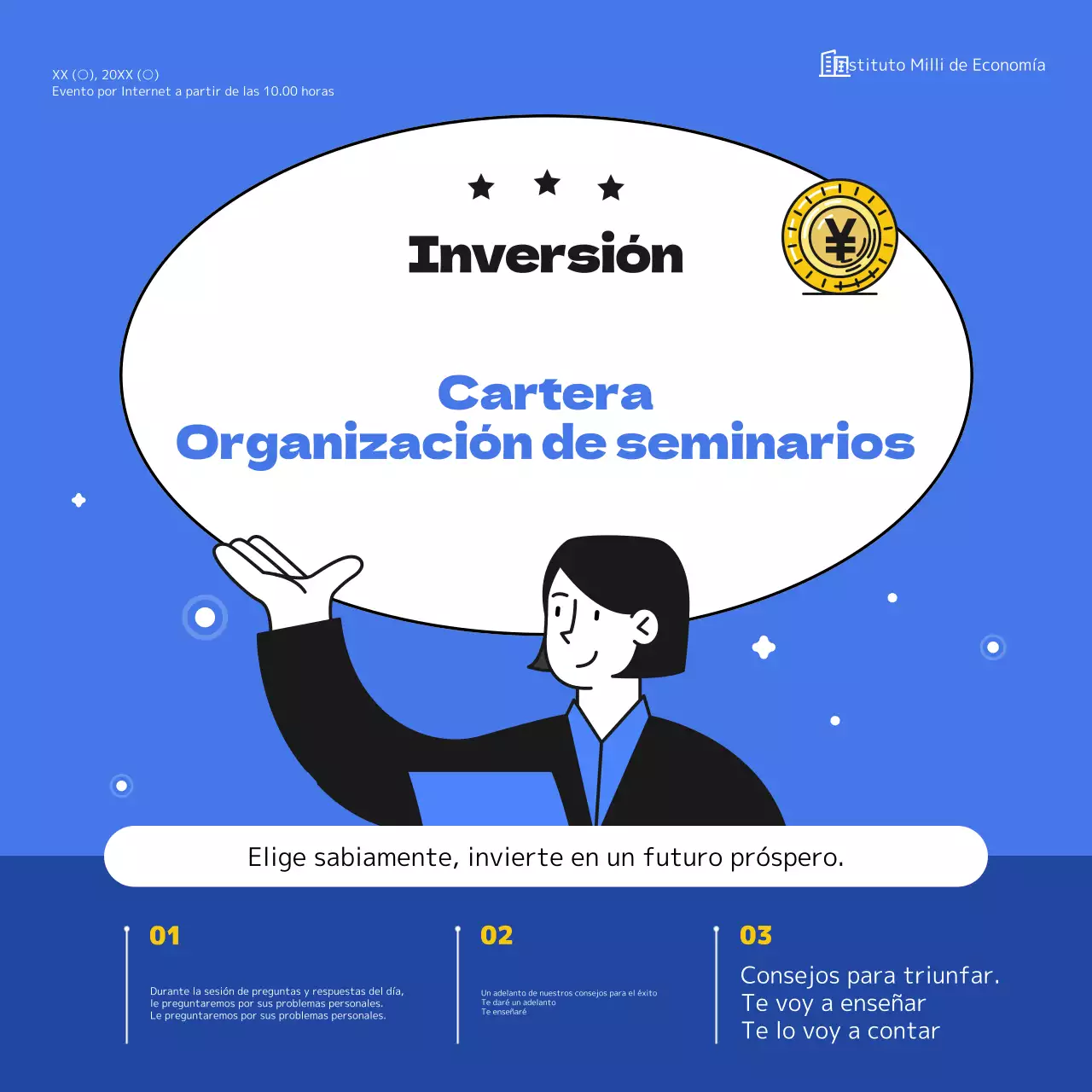 Presentación sencilla en azul y azul claro de un seminario de inversión