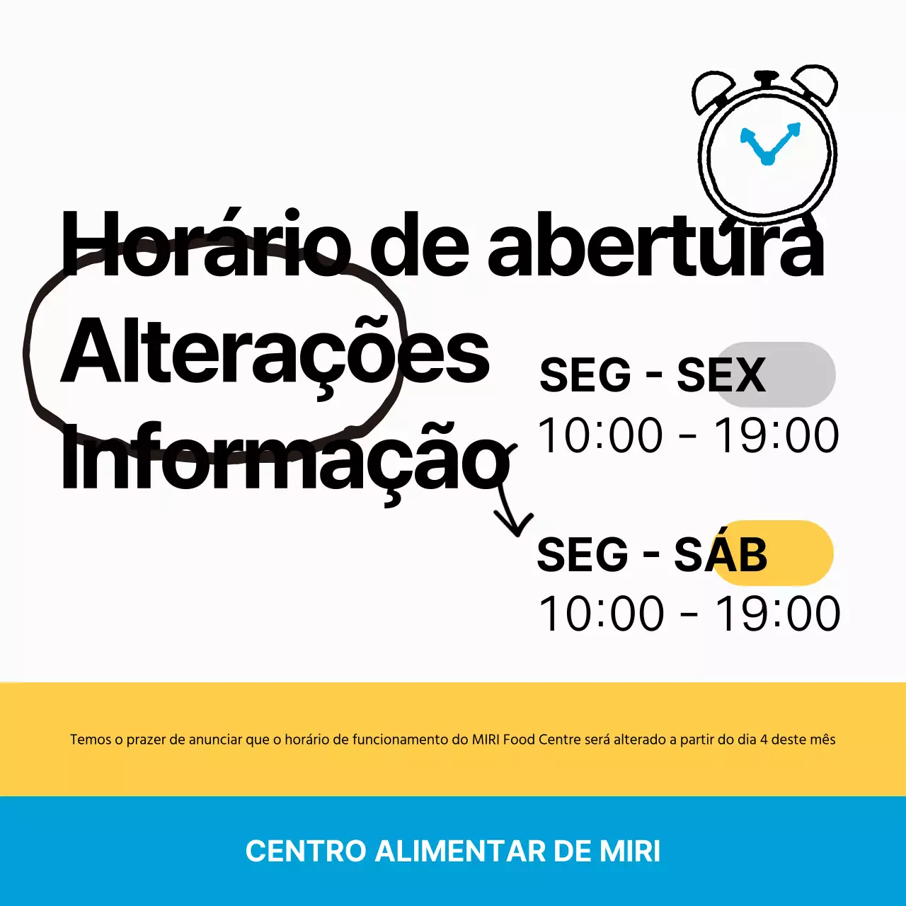 Um simples aviso de horário de funcionamento branco e azul