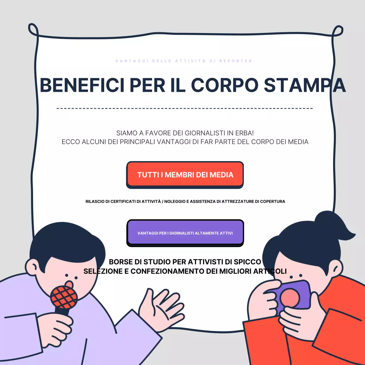 Promuovere il reclutamento di studenti giornalisti di tendenza nei colori malva e rosso.