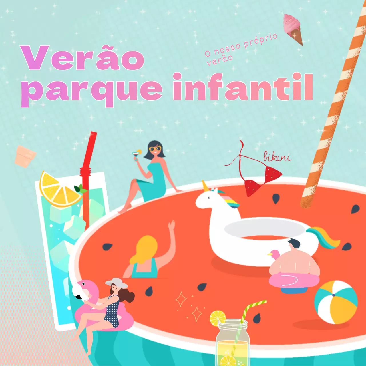 Anúncio tropical de verão em menta e cor-de-rosa