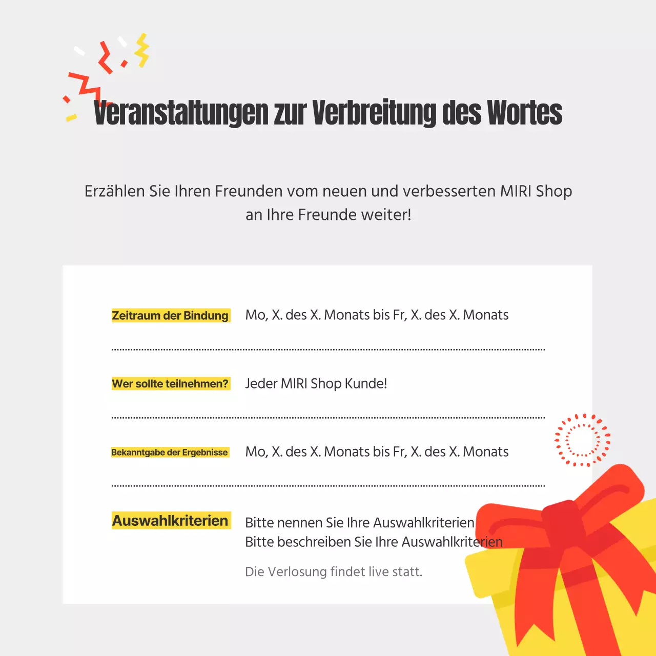 Ankündigung einer schönen Veranstaltung mit gelbem Hintergrund, um die Botschaft zu verbreiten