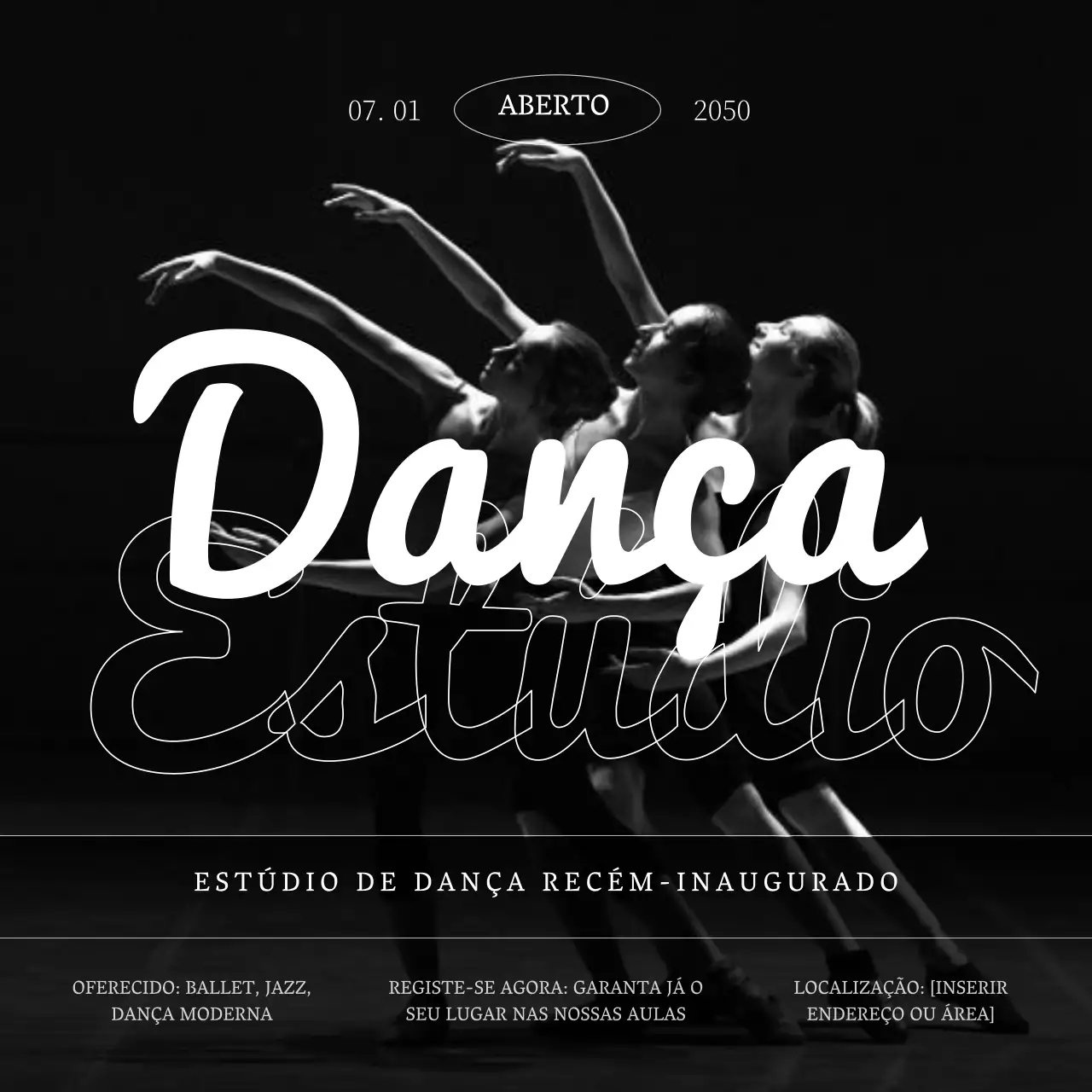 Promover a abertura de um estúdio de dança moderna a preto e branco