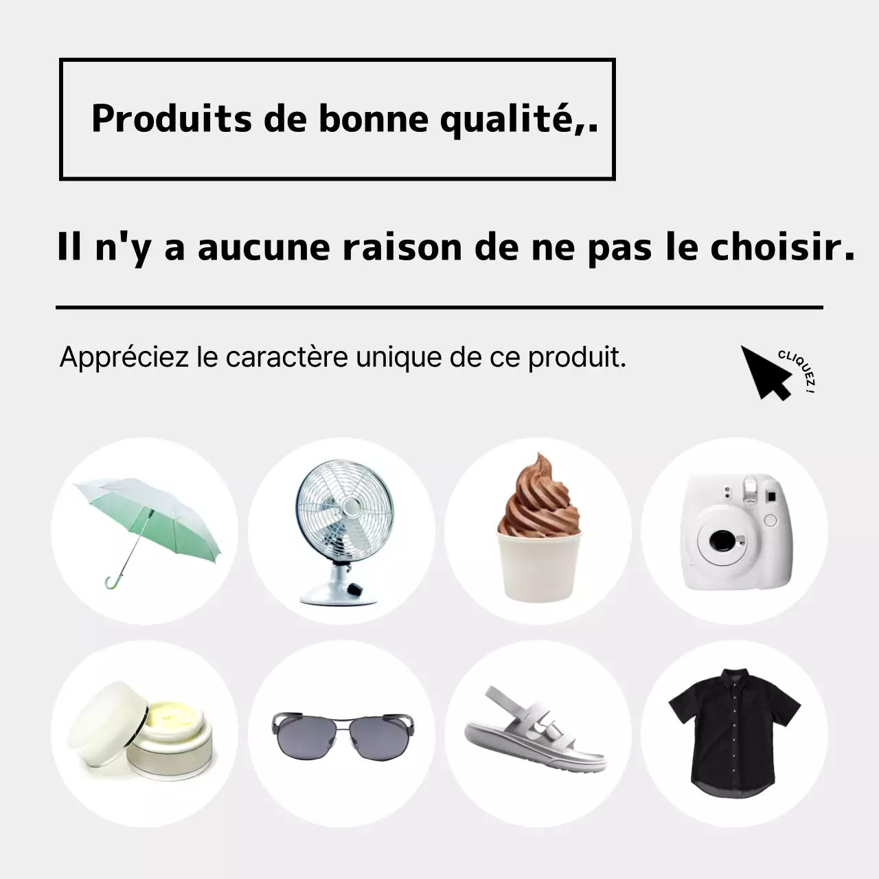 RP minimaliste sur les produits d'été en blanc et gris.