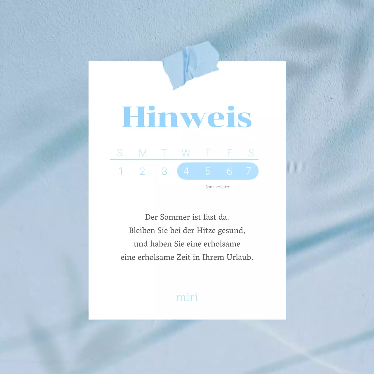 Eine trendige Sommer-Grußkartenanzeige in Hellblau und Weiß