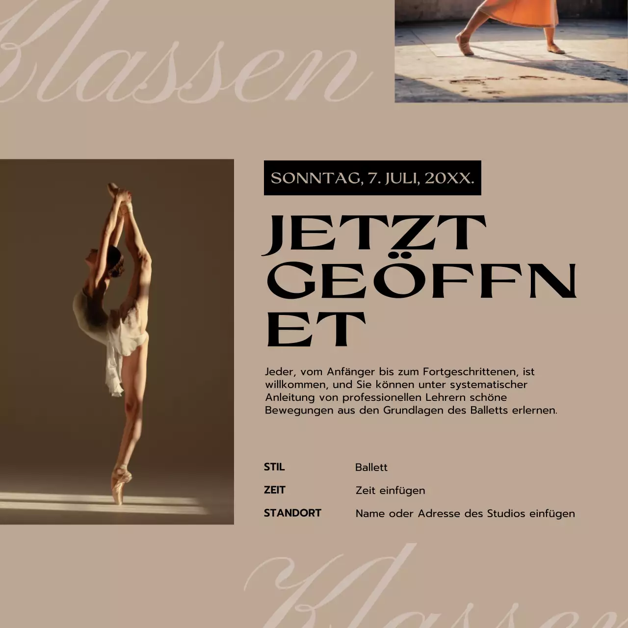 Einfache Ankündigung für Ballettunterricht in Schwarz und Beige
