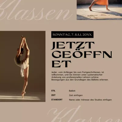 Einfache Ankündigung für Ballettunterricht in Schwarz und Beige