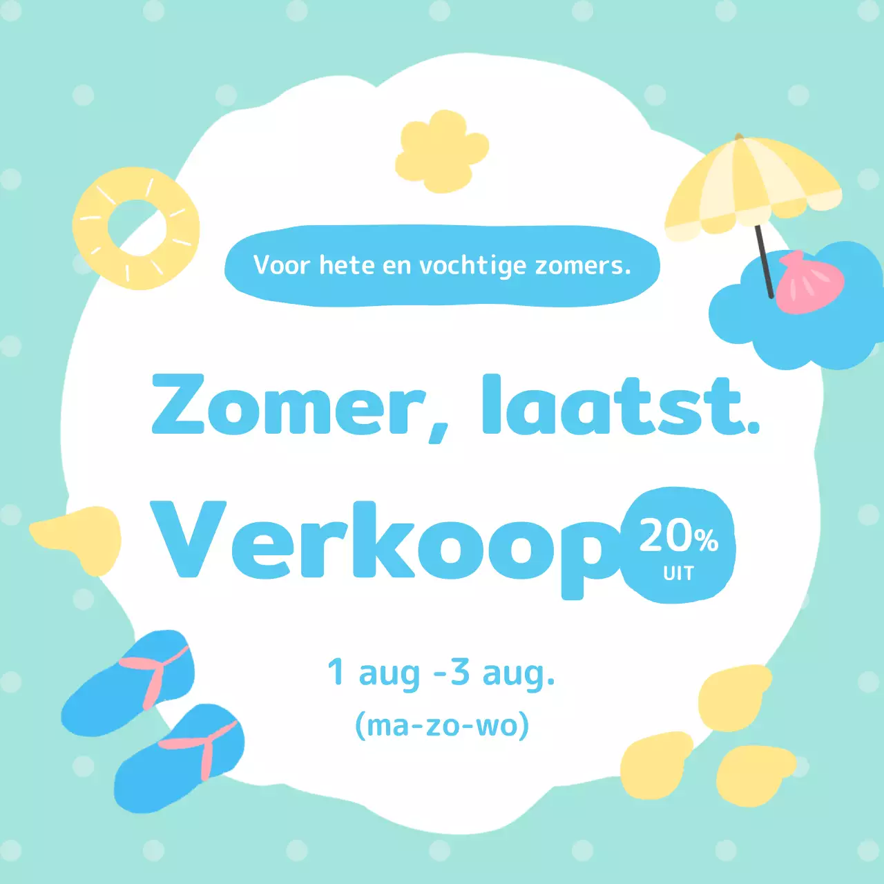 Aankondiging van een heerlijke zomerkorting in lichtblauwe en mintkleuren.