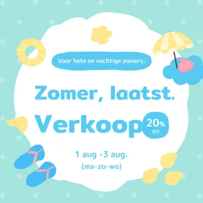 Aankondiging van een heerlijke zomerkorting in lichtblauwe en mintkleuren.