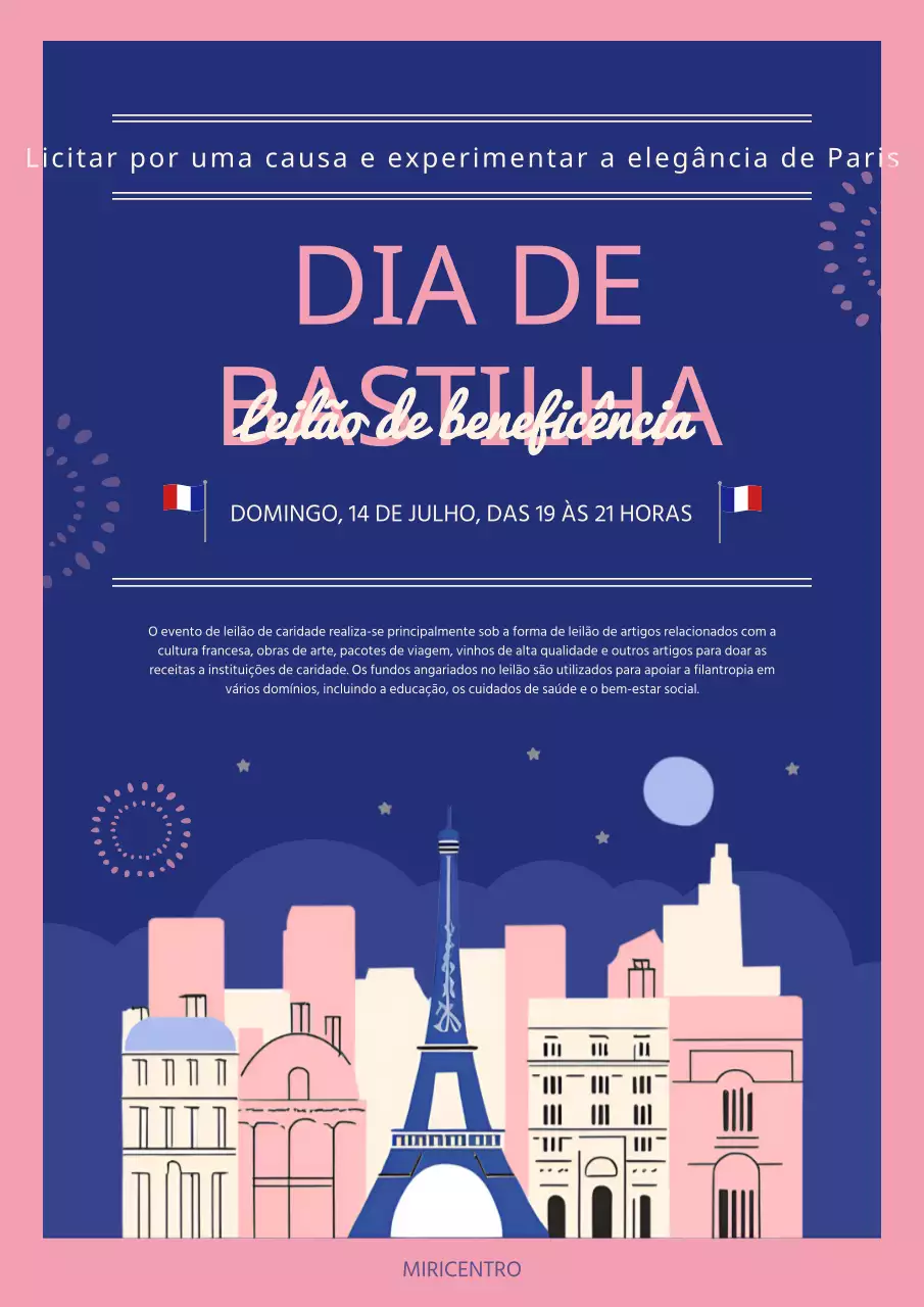 Promover um leilão de beneficência moderno do Dia da Revolução Francesa em azul-marinho e cor-de-rosa
