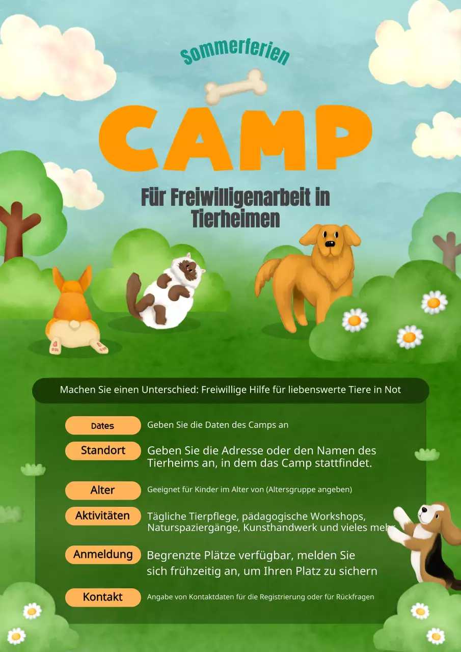 Werbung für die grünen und orangenen Sommercamps im Tierpflegezentrum
