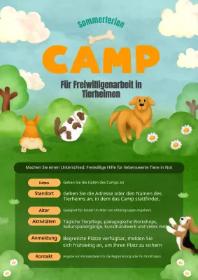 Werbung für die grünen und orangenen Sommercamps im Tierpflegezentrum