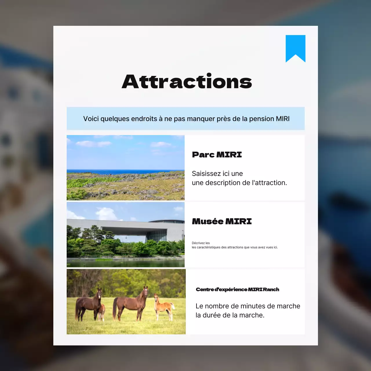 Promouvoir les attractions à proximité en utilisant une palette de couleurs simples (blanc et bleu clair).