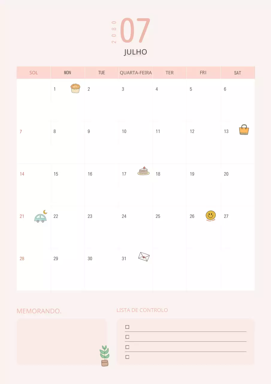 Um bonito calendário cor-de-rosa e branco.