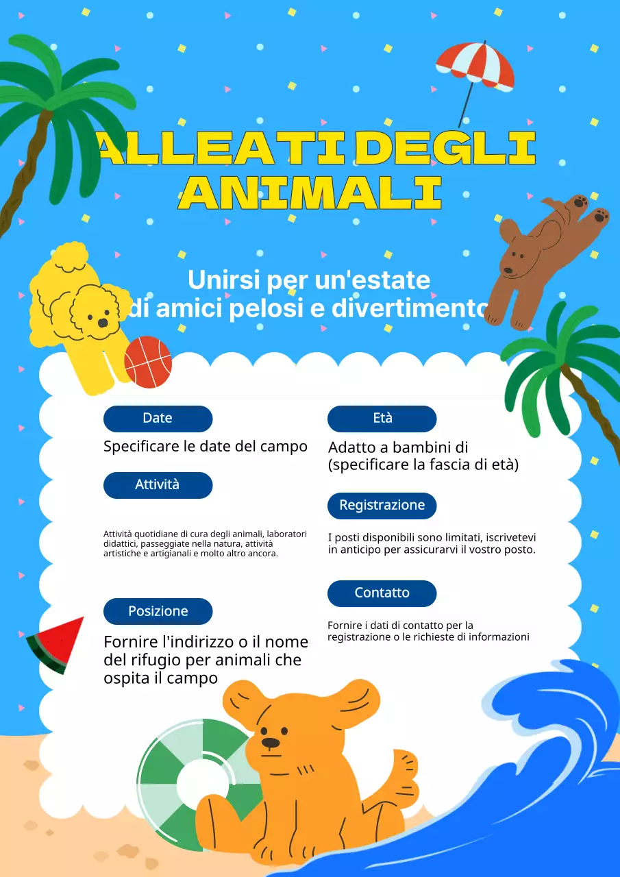 Promuovere i campi estivi verdi e arancioni presso il Centro per la cura degli animali.