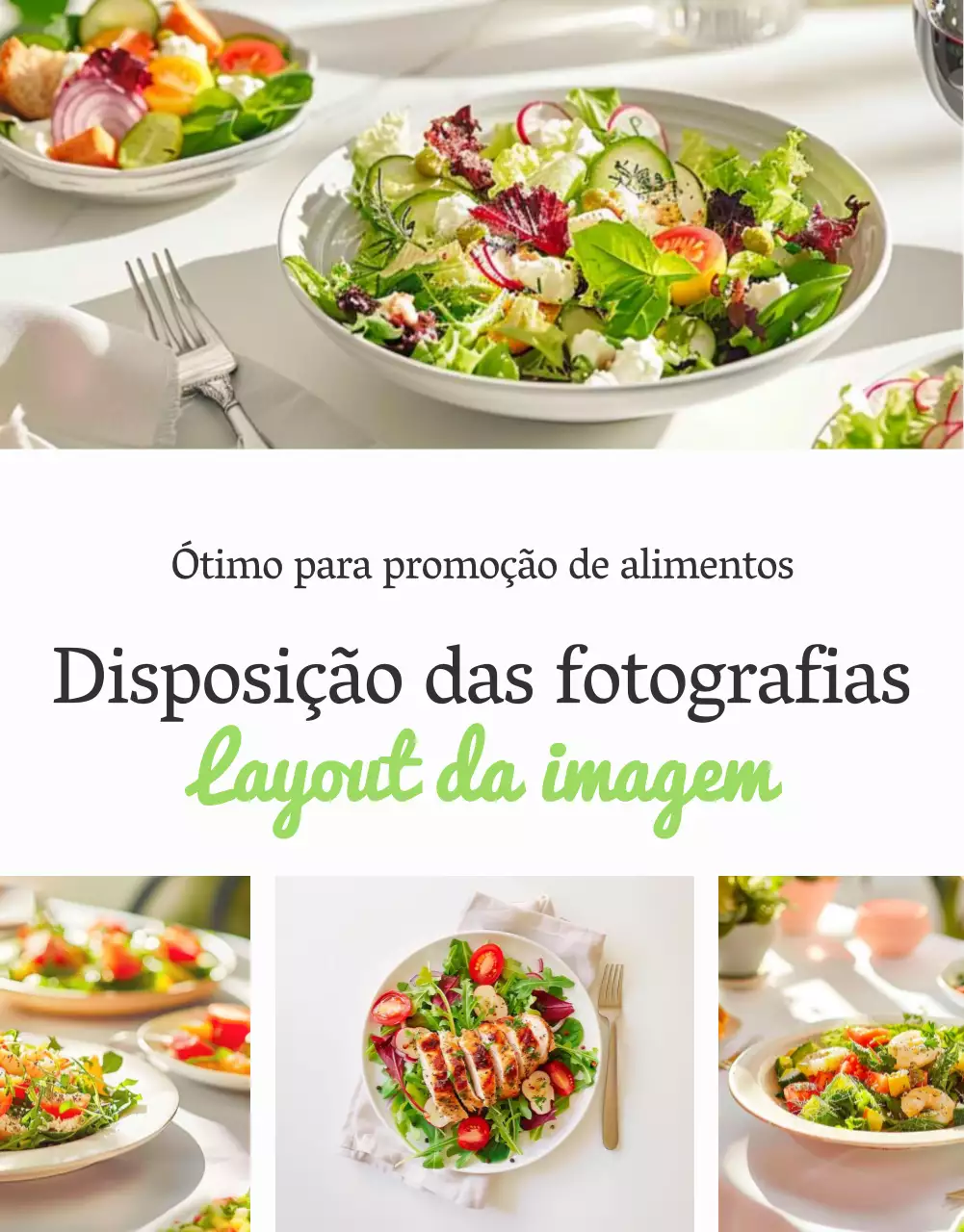 Promover uma apresentação fotográfica simples de uma salada em branco e castanho-escuro