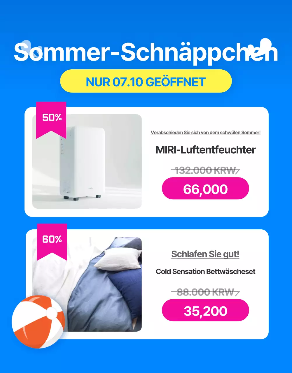 Werbung für den Sommerschlussverkauf in einem Einkaufszentrum im tropischen Stil in Blau und Gelb