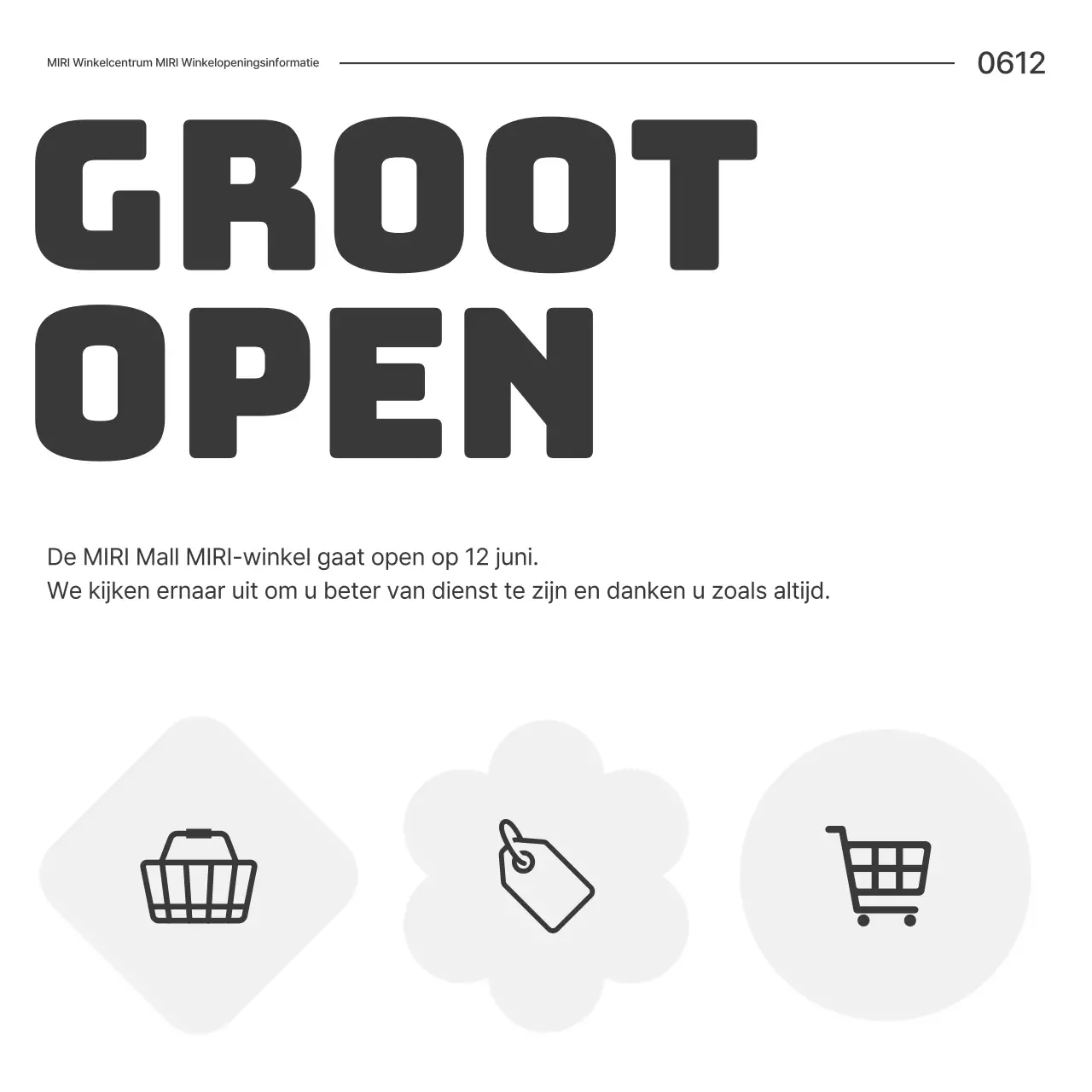 Een eenvoudige aankondiging van de opening van een winkelcentrum in zwart-wit