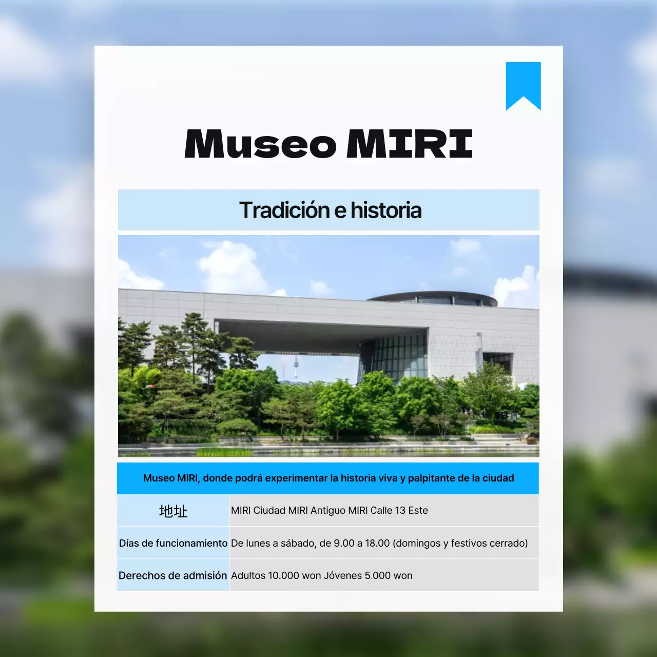 Promocionar las atracciones cercanas con una sencilla combinación de colores blanco y azul claro.