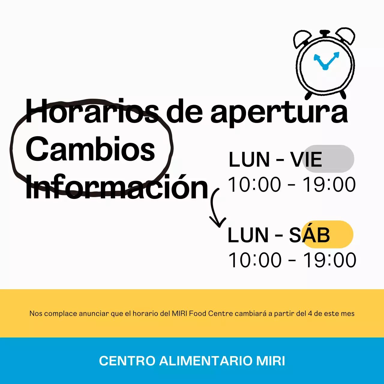 Un simple aviso de horario de apertura en blanco y azul