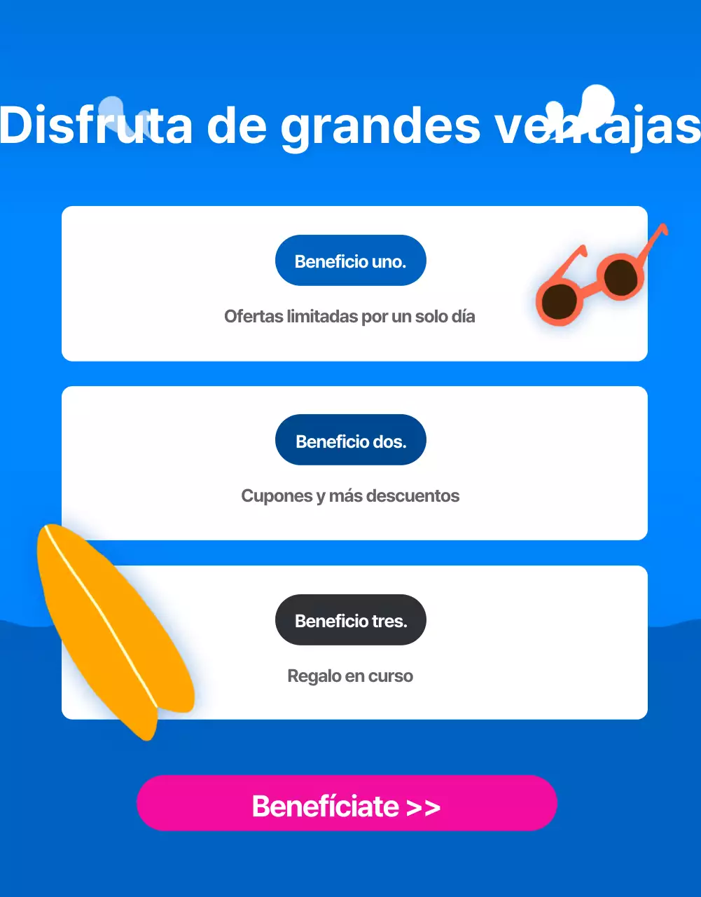 Anuncio de rebajas de verano en un centro comercial de estilo tropical en azul y amarillo