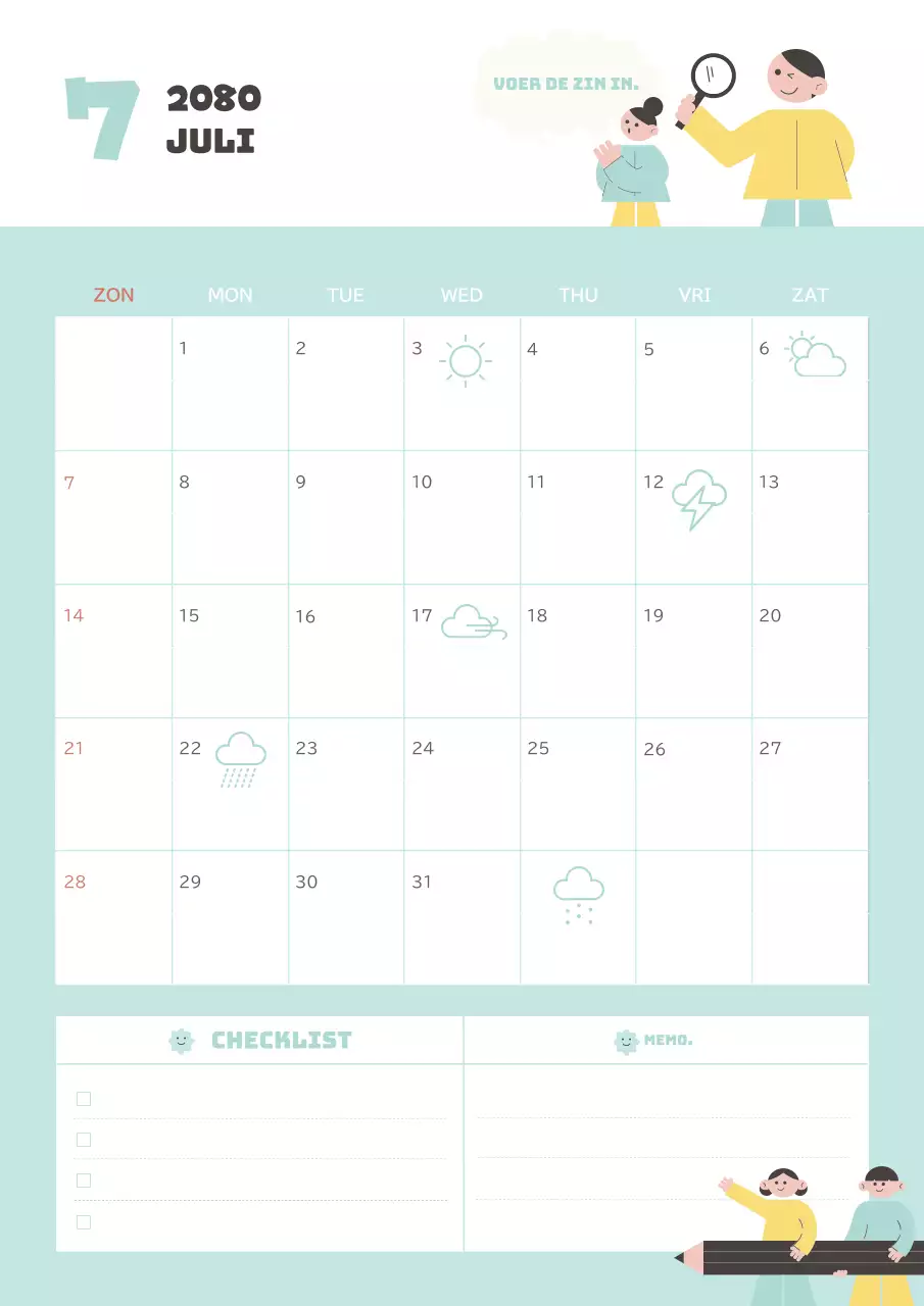 Mooie kalender in lichtblauw en geel.