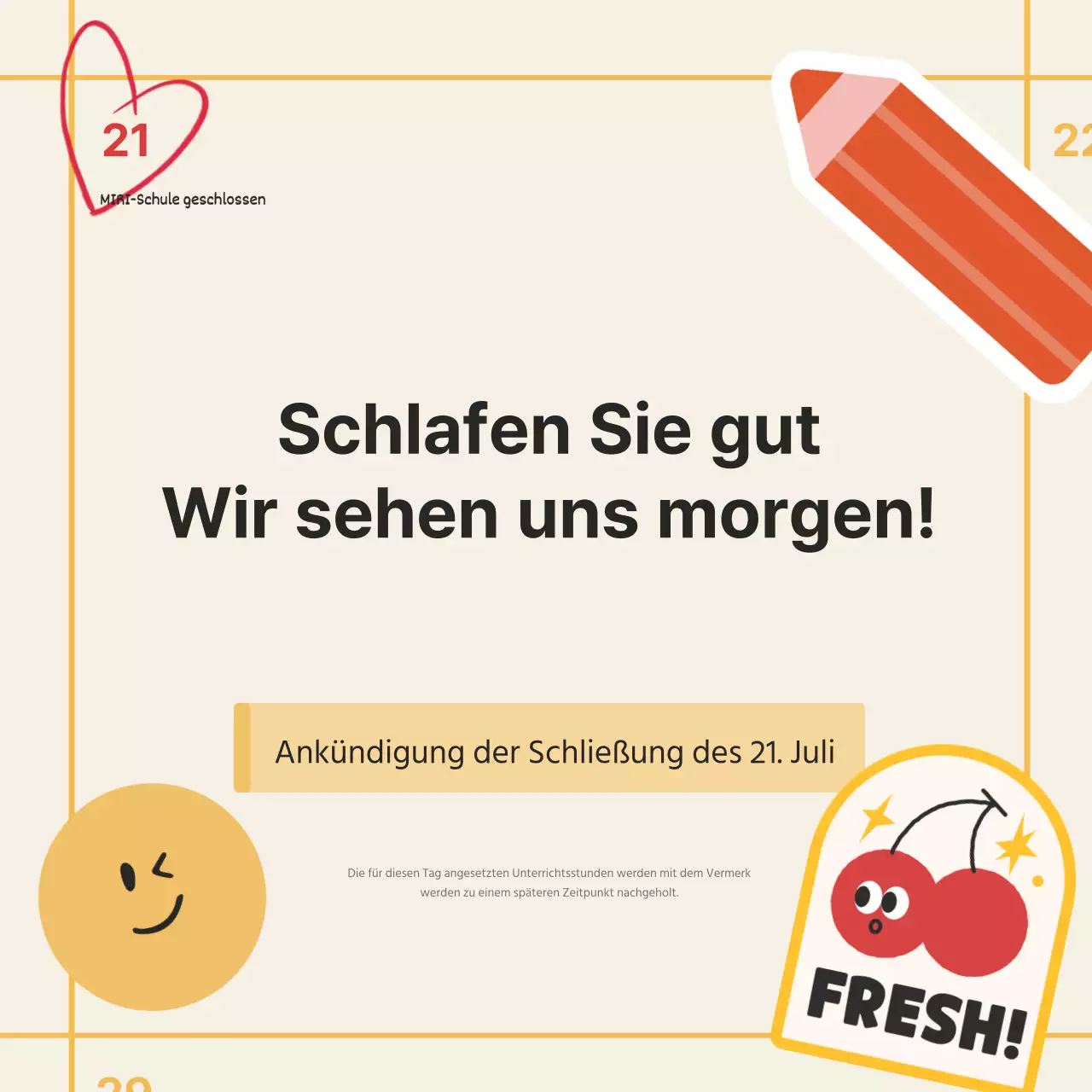 Niedliche orange-gelbe Schulschlussankündigungen