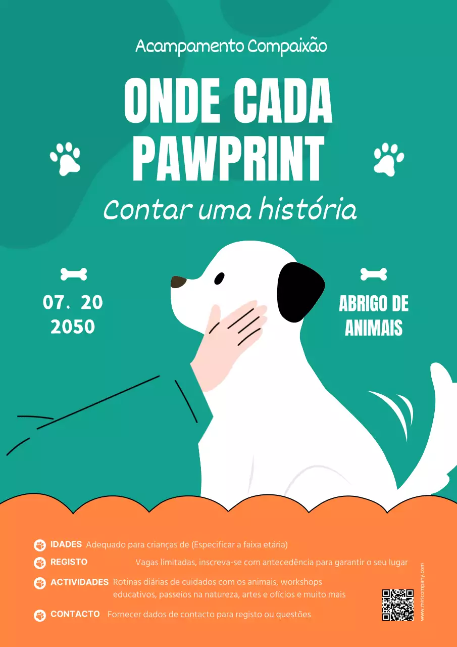 Anúncio do acampamento de verão do moderno centro de cuidados de animais laranja e verde