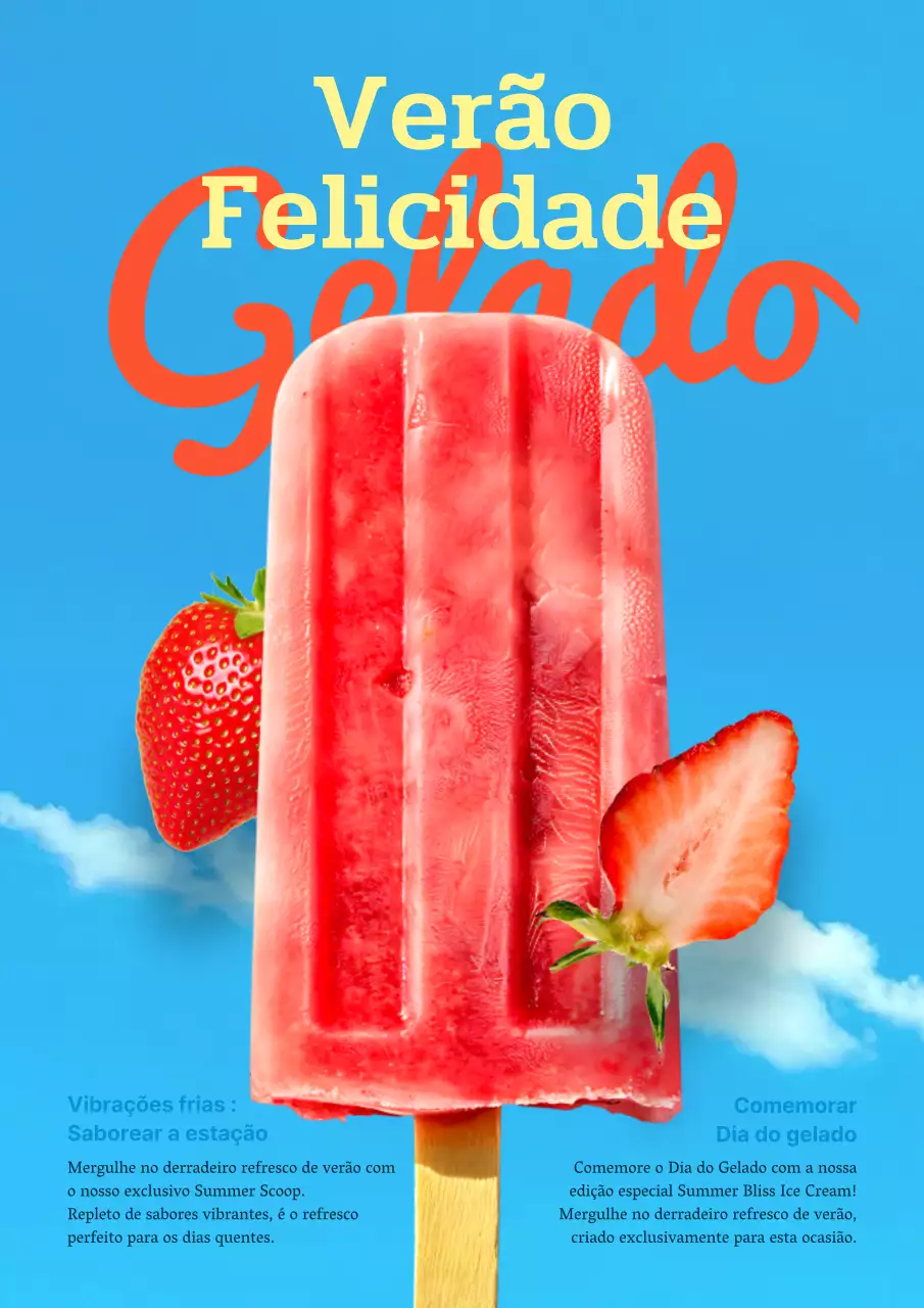 Anúncio de menu de gelataria com detalhes em vermelho e azul