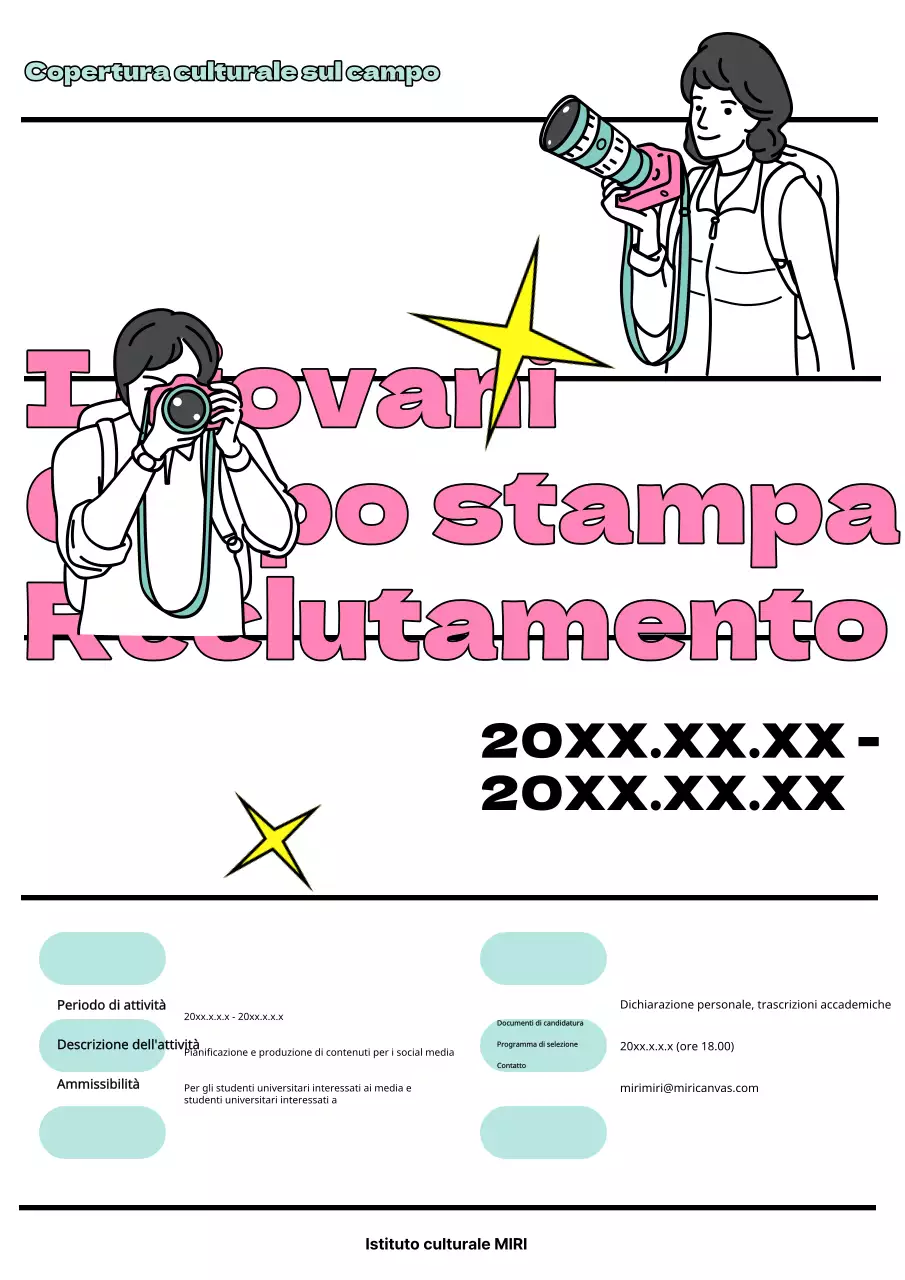 Cercasi giornalisti mediatici studenti universitari in bianco e rosa, kitsch.